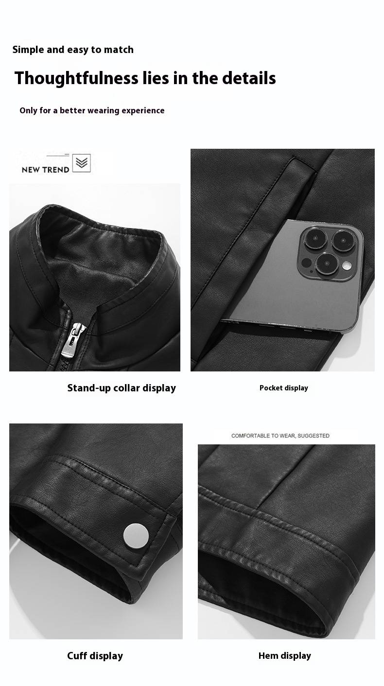 Chaqueta de cuero sintético para hombre, estilo motero retro, entallada, con cuello alto y cremallera, informal, para primavera y otoño._voghion.com
