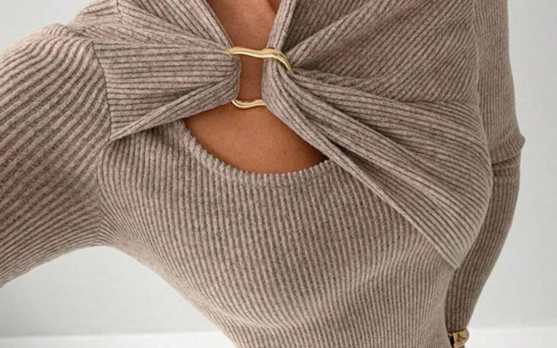 Textured Ribbed Knit Top With Asymmetrical Cutouts & Metallic Accents – Contemporary Feminine Pullover For Fall/Winter Layering_voghion.com