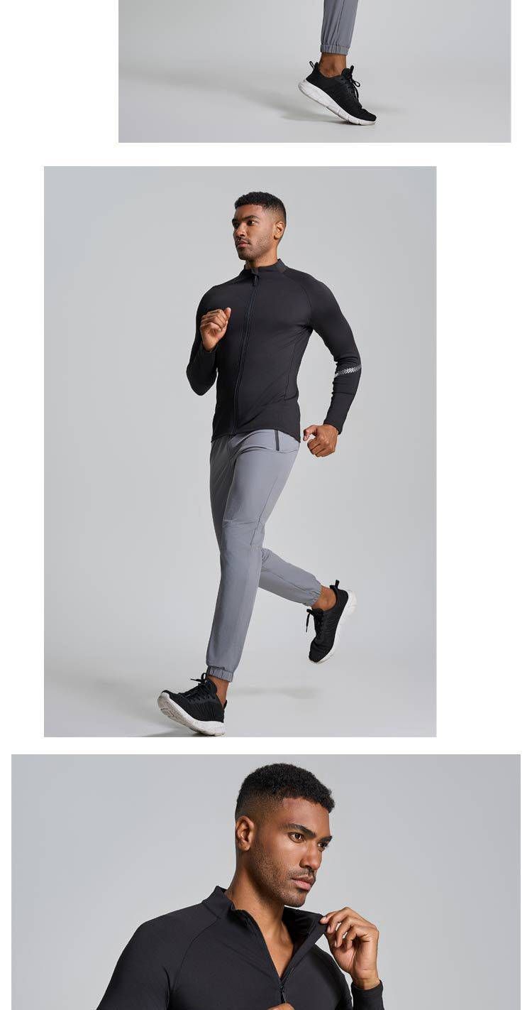 Giacca da fitness elastica a maniche lunghe da uomo, per primavera e autunno, casual, sportiva, da corsa, con collo alto, cerniera, parte superiore elastica ad asciugatura rapida_voghion.com