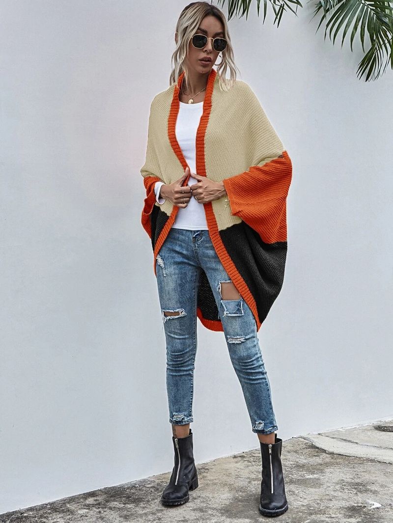 Damenbekleidung, kontrastierende Schal-Cardigan-Pulloverjacke mit Farbblockmuster_voghion.com