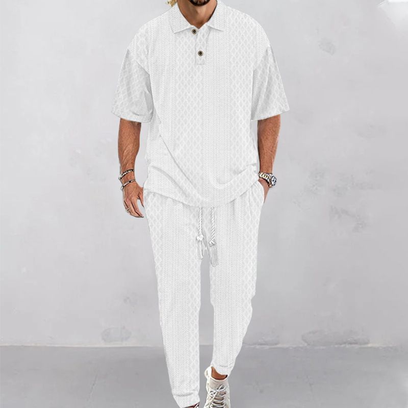 24 Spring Summer Men's Casual Long Pants Turn-down Collar Jacquard Knitted Top Plus Size Set_voghion.com