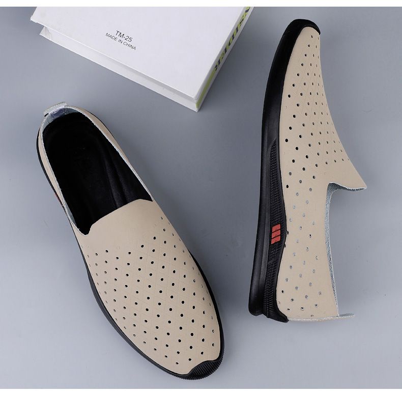 Summer New Hollow Breathable Casual Men's Shoes Doudou Shoes Cow Two-layer Leather British Casual Lazy Loafers_voghion.com