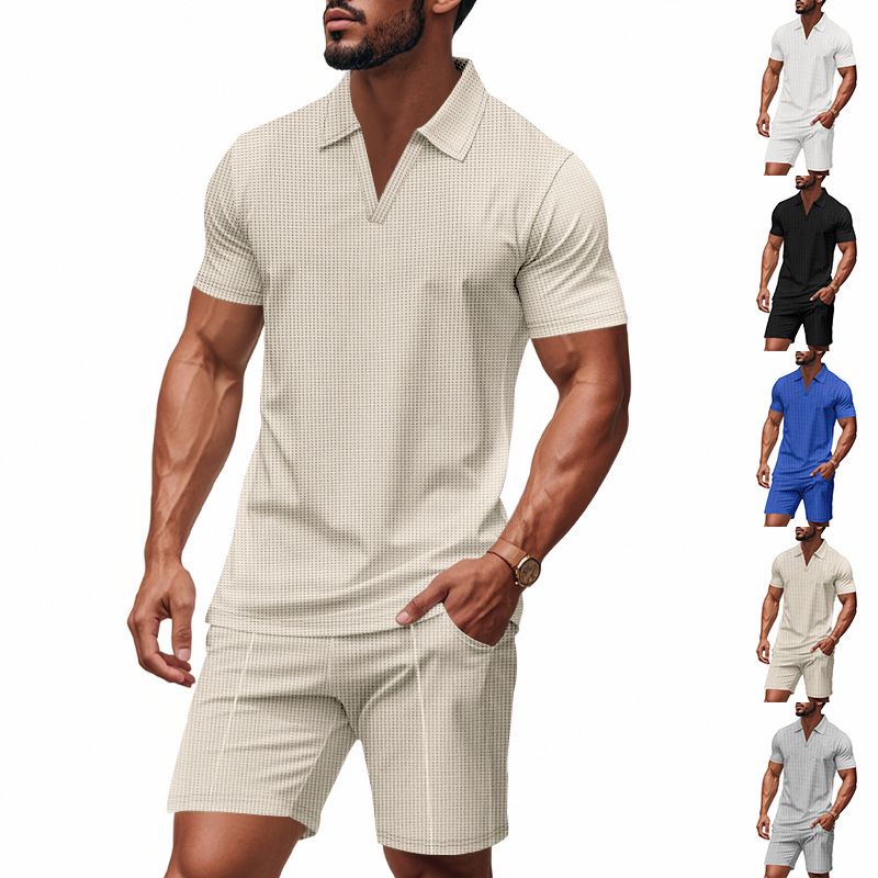 Lockeres Herren-Sommer-Set im amerikanischen Stil mit V-Ausschnitt und Waffelmuster, kurzärmelig_voghion.com