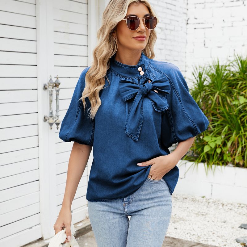 Women's Clothing Spring New Retro Loose Neckline Tie Denim Shirt Bow Tie Top Women_voghion.com