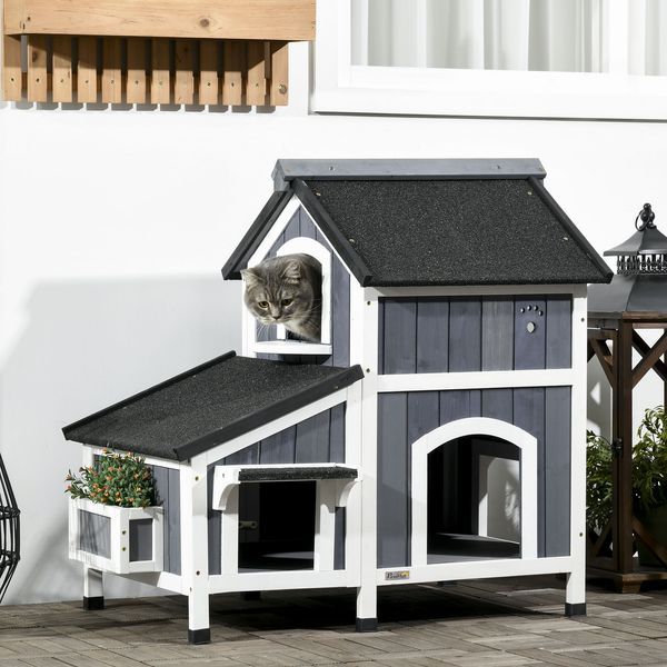 PawHut Outdoor Cat House With Flower Pot, 2-Story Feral Cat House With Weather Resistant Roof, Wooden Cat Shelter With Window, Multiple Entrances_voghion.com