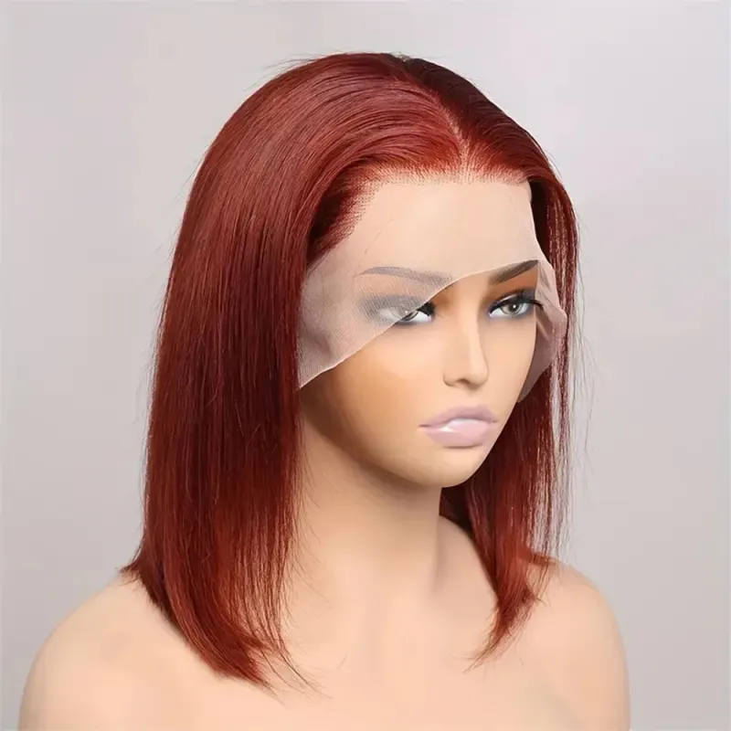 Rötlich braune Lace Frontal Perücke aus Echthaar, Bob-Perücke, 13 x 4 Zoll, gerade, kurze, kupferrote Perücken_voghion.com