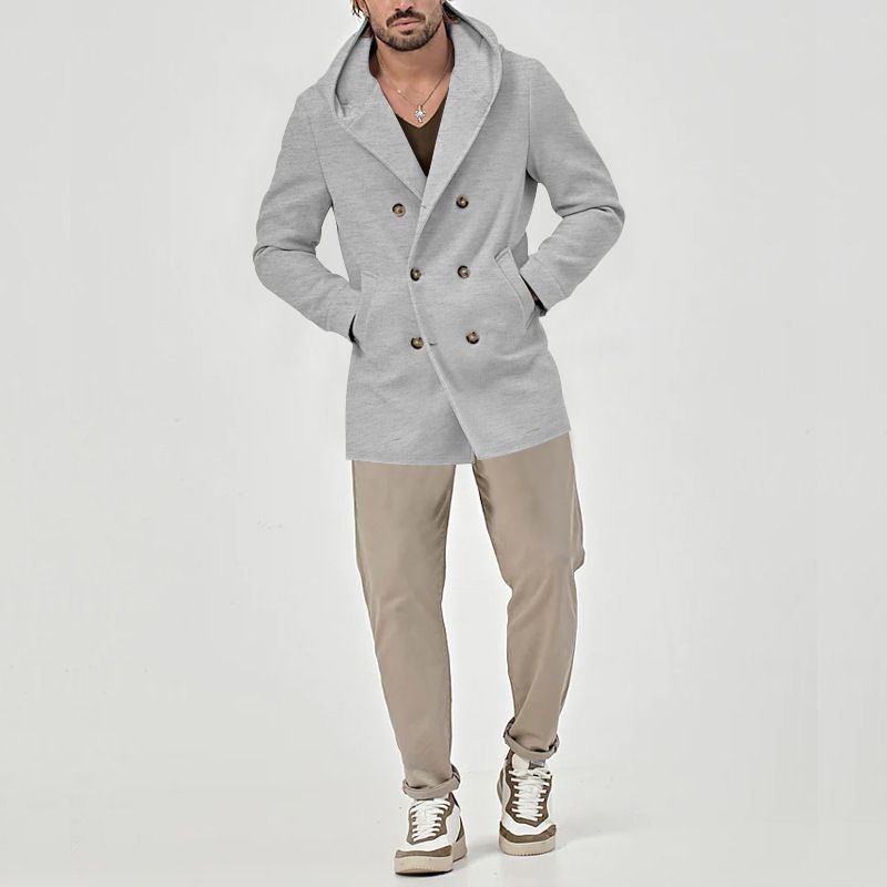 Men's Stylish Trench Coat With Double Breasted Design, Mid-Length Cotton Blend Jacket For Spring & Autumn, Slim Fit Casual Coat_voghion.com