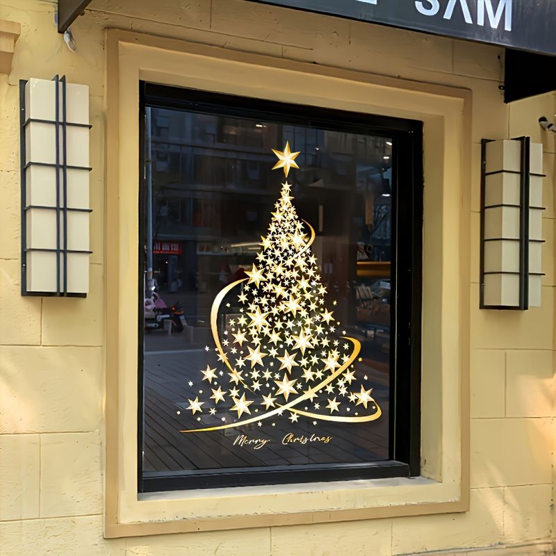 Christmas Gift For Kids - Gold Christmas Tree Window Clings, Easy Static Cling Snowflake Stickers For Glass Doors & Windows, No Mess Removable Decor_voghion.com