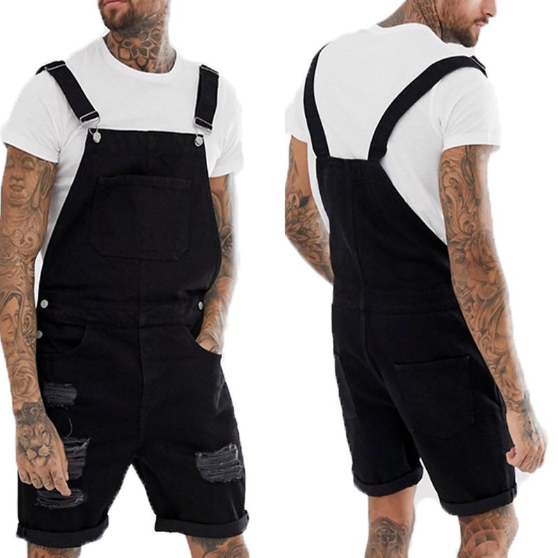 Men's Clothing Retro Men's Denim Ripped Land Edge Shorts One Piece Overalls_voghion.com