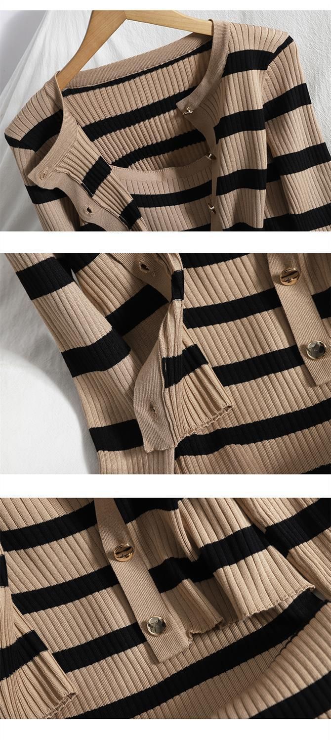 Completo primaverile in maglia da donna - Cardigan a righe e abito canotta attillato in due pezzi_voghion.com