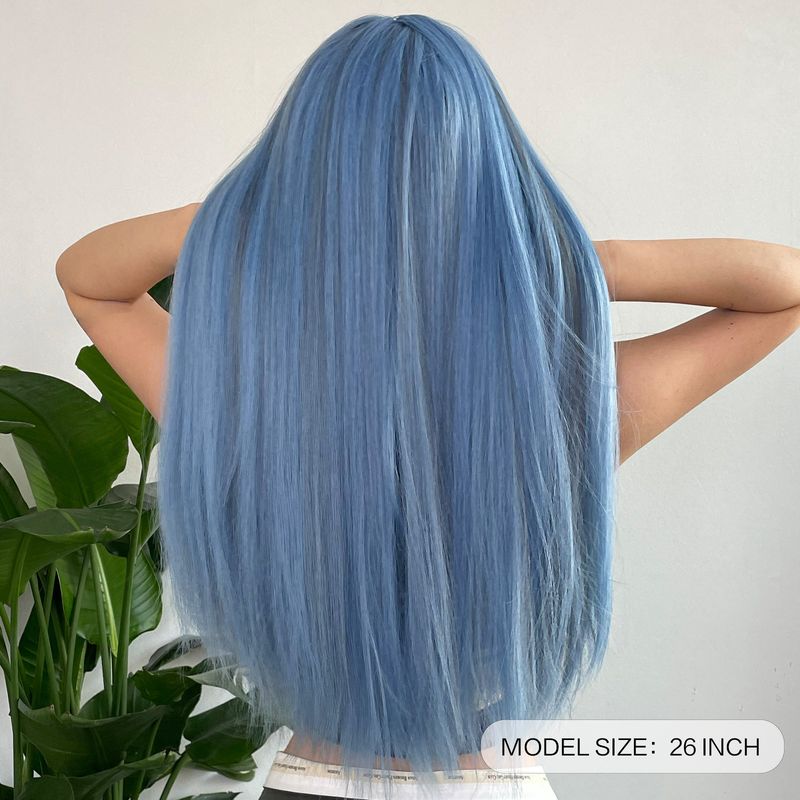 Parrucca sintetica lunga e dritta blu con meches cenere, parrucca cosplay con frangia, capelli naturali quotidiani per donne, fibra resistente al calore_voghion.com