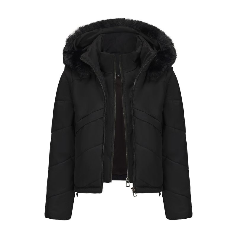 Afneembare capuchonvestjas voor dames, wintermode twee-in-één jas met imitatiebont, streetwear korte bovenkleding_voghion.com