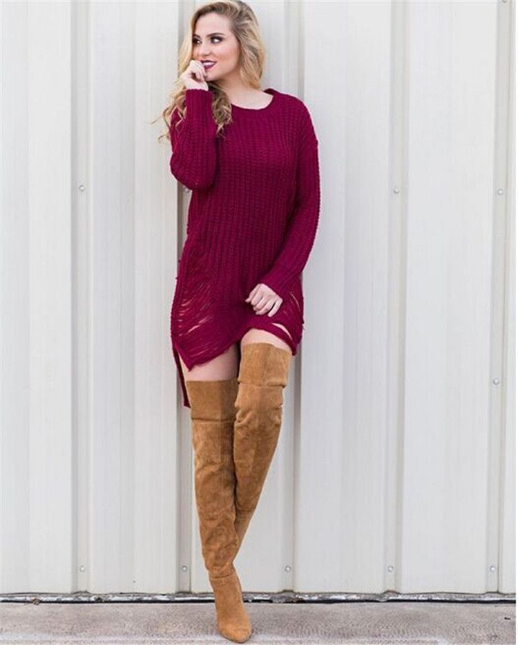 Maglione strappato a maniche lunghe lavorato a maglia con orlo medio, stile retrò da donna, per il commercio estero transfrontaliero, primavera e autunno_voghion.com
