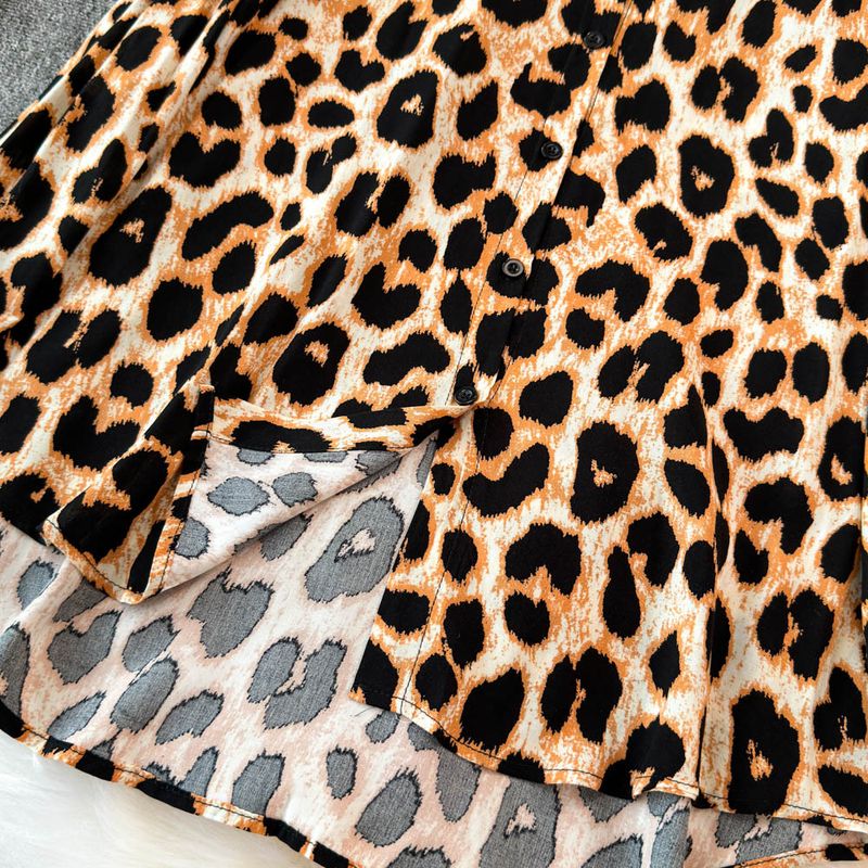 Ensemble chemise à manches longues et jupe trapèze taille haute à imprimé léopard rétro, tenue deux pièces amincissante pour femme, ensemble coordonné mode automne_voghion.com
