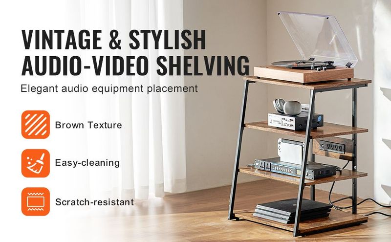VEVOR 4-Tier AV Media Stand With Power Strips, Corner TV Stand With LED Lights, Height Adjustable Wooden Shelves For DVD Players/Cable Boxes/Games Consoles, Brown_voghion.com