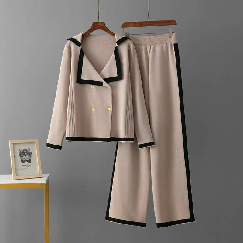 Completo alla moda in rilievo per abbigliamento femminile, elegante e anti-età, maglione girocollo alla moda + pantaloni sportivi casual in maglia larghi_voghion.com