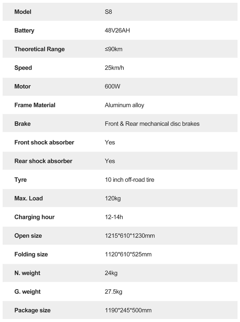 Elektrická koloběžka JOYOR S8, motor 600 W, baterie 48 V 26 AH, 10palcové pneumatiky, maximální rychlost 25 km/h, dojezd 90 km, dvojitá mechanická kotoučová brzda_voghion.com