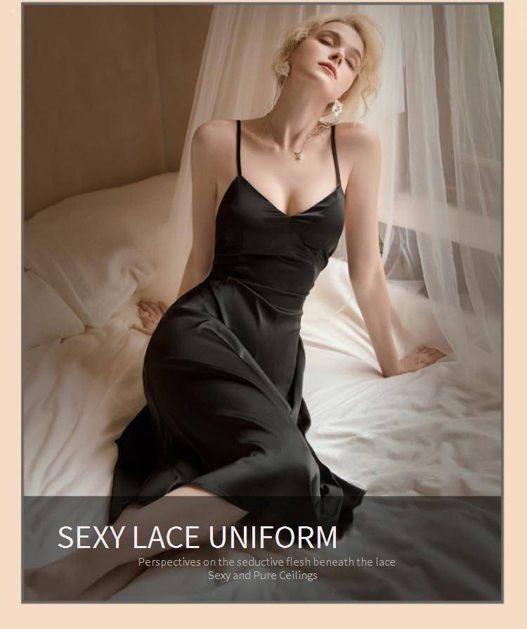 Sexy Nachtwäsche Bequemer, einfacher Pyjama aus Eisseide, Sling-Nachthemd mit Schnürung, äußere Robe, weiblicher Heimkleidungsanzug_voghion.com