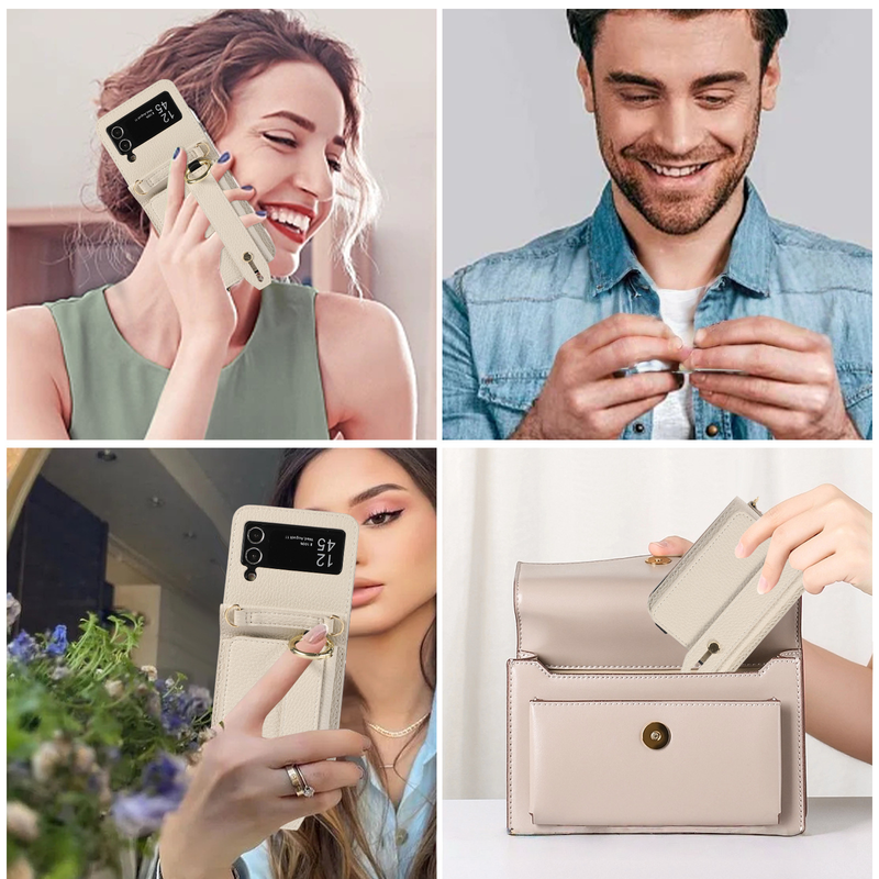 Suitable For Samsung Z Flip5 Folding Crossbody Mobile Phone Case Z Flip4 Card Slot Protective Cover Wrist Strap Bracket Leather Case_voghion.com