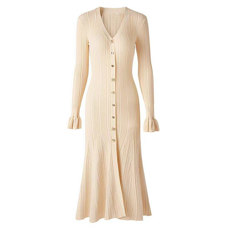 Abito in maglia con scollo a V e filo dorato – Abito aderente a sirena con maniche svasate da donna (S-XL, colori a tinta unita, vita alta, eleganza dall'ufficio alla sera)_voghion.com
