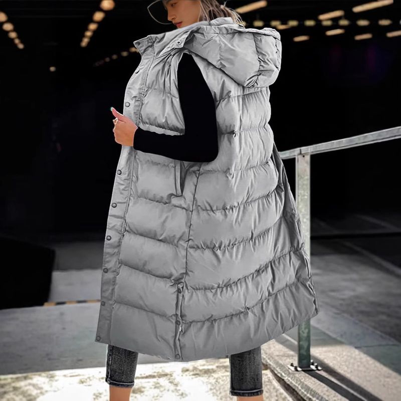Gilet léger à capuche pour femme, veste longue sans manches avec fermeture éclair sur le devant, vêtement décontracté toutes saisons (blanc, rose, vert)_voghion.com