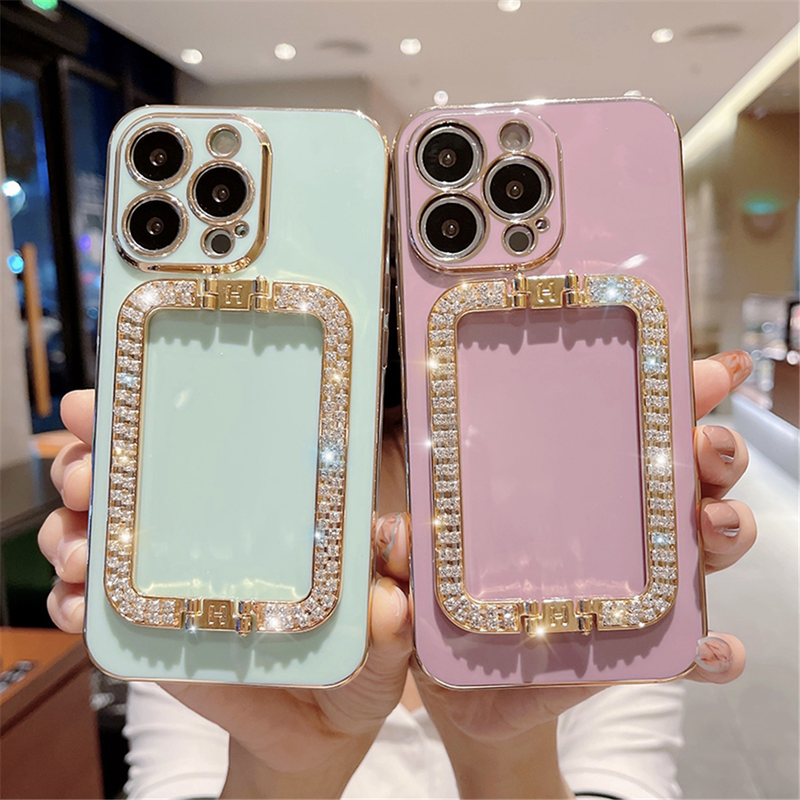 Custodia per placcatura con staffa da polso in metallo con strass di lusso per iPhone 11 12 13 Pro Max Mini XS XR X 8 7 Plus SE 2 SIlicon_voghion.com