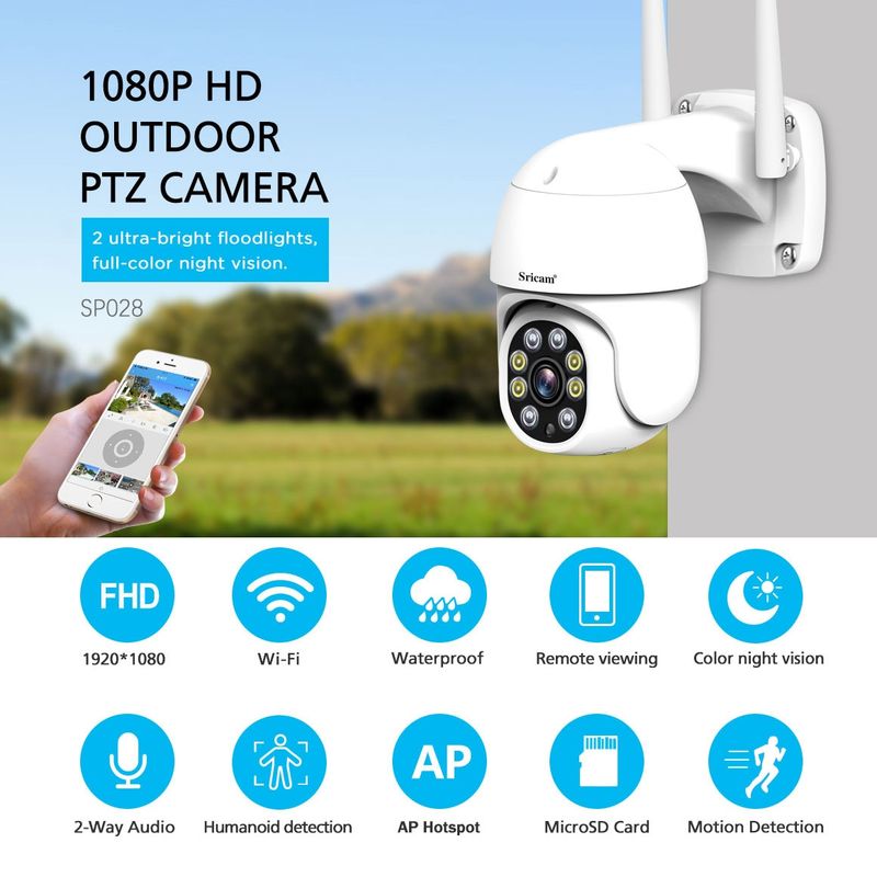 SP028 1080P HD utomhus PTZ-kamera, stöd för tvåvägsljud / Rörelsedetektering / Humanoiddetektering / Färg Night Vision / TF-kort, EU-kontakt_voghion.com