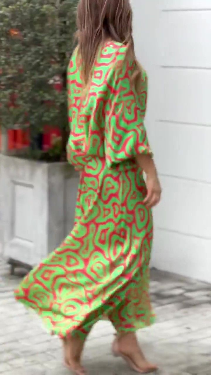 Feminino solto estampado manga longa top cintura alta tamanho grande saia longa terno_voghion.com