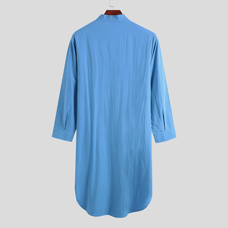 Man's clothing Fashion robe Long sleeve button solid color printed shirt Muslim men's robe_voghion.com