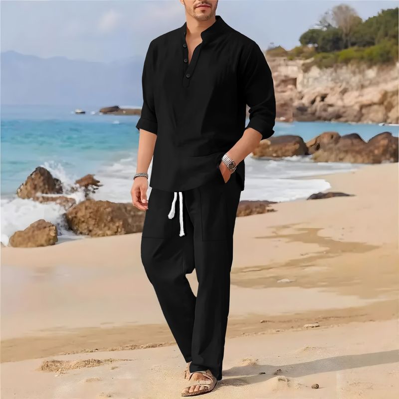 Completo da uomo in lino con camicia e pantaloni con colletto alla coreana, tessuto leggero e traspirante (bianco/grigio/nero/azzurro/rosa/kaki, S-XXL)_voghion.com