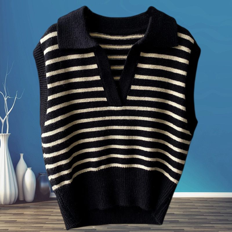 Gestreifter Pullover 2024 Frühjahr neue koreanische Version lässige lose ärmellose Weste für Frauen_voghion.com