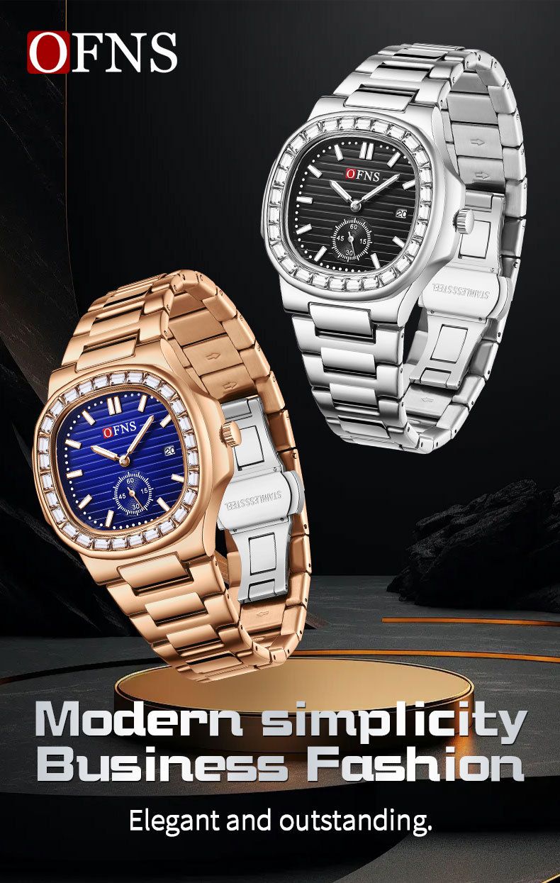 Elegant vierkant dameshorloge met kristallen, datumweergave, lichtgevende wijzers en roestvrijstalen band. Dameshorloge met quartzhorloge en kalender._voghion.com