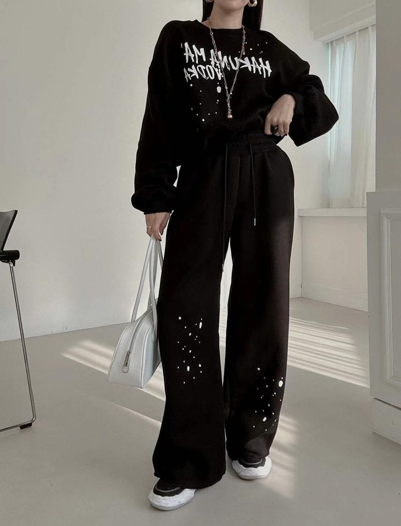 Korean Chic Winter Set – Oversized Letter Print Sweatshirt & High-Waist Drawstring Pants (XL, Charcoal Grey)_voghion.com