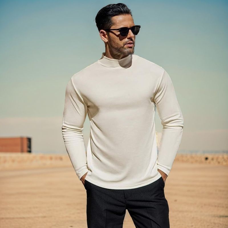 De Rong Herren-T-Shirt mit langen Ärmeln und hoher Elastizität im Herbst und Winter, schmale Passform, mittelhoher Ausschnitt_voghion.com
