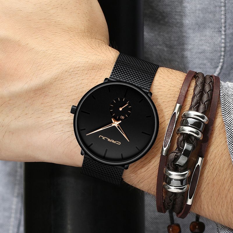 Wasserdichte Herren-Quarzuhr mit Edelstahl-Mesh-Armband, minimalistischem runden Zifferblatt, lässiger Modeuhr für den Alltag_voghion.com