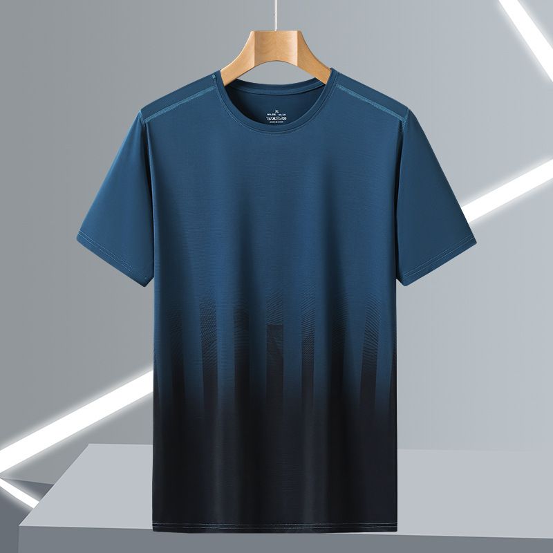 Sommer Neue Eisseide Großer Lockerer Farbverlaufsdruck Schnelltrocknendes Rundhals-Kurzes T-Shirt Halbarm Herrenbekleidung_voghion.com