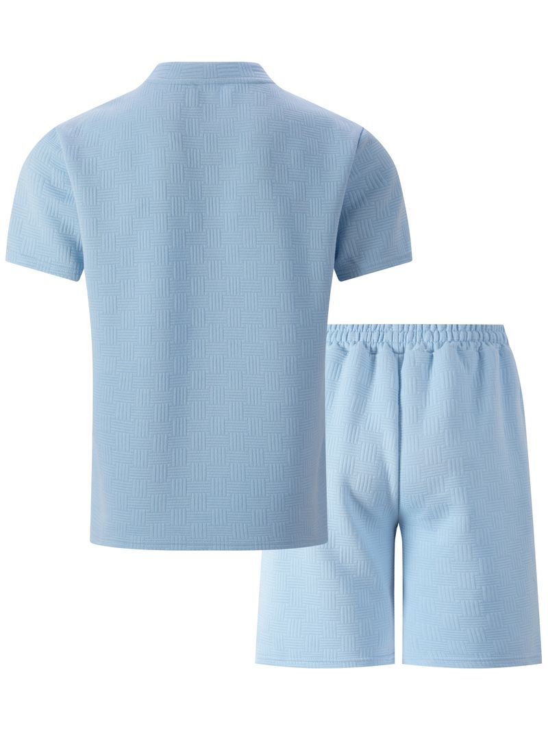 Conjunto masculino de camiseta e shorts de manga curta em malha waffle - gola de lapela com detalhe de zíper, terno casual de cor sólida_voghion.com