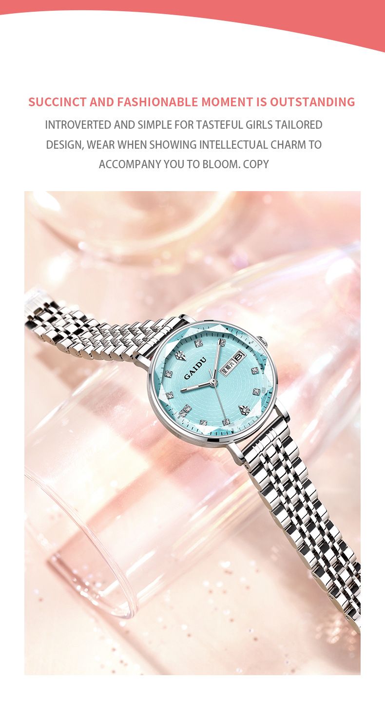 Günlük Kullanım İçin Şık Paslanmaz Çelik Bantlı, Aydınlık Akrep ve Yelkovanlı, Çift Takvimli Kadın Su Geçirmez Kuvars Saat_voghion.com