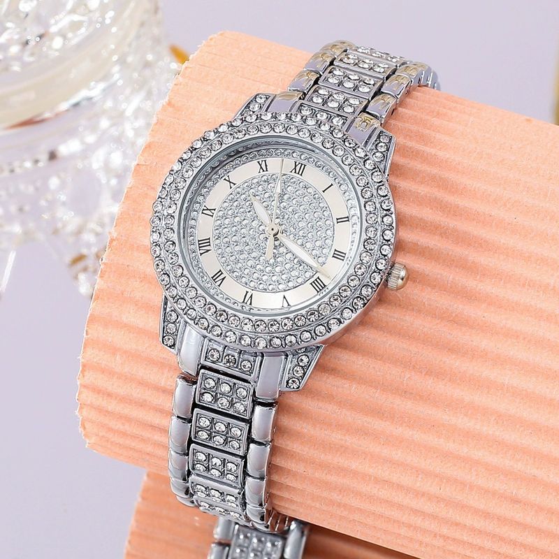 Relógios de quartzo populares da moda feminina, conjunto de relógios com padrão romano, relógio de quartzo Cornucópia, pulseira com diamantes e colar com manchas_voghion.com