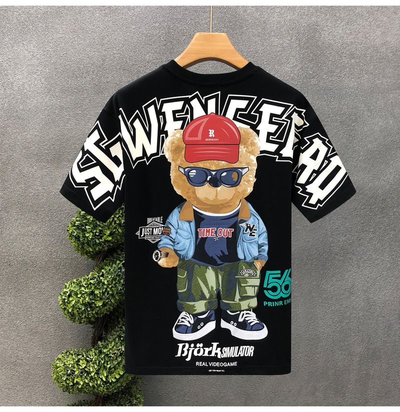 Herrenbekleidung Kurzarm-T-Shirt mit Cartoon-Bär-Aufdruck für Herren, Sommermode, All-Match, lässiger Rundhalspullover, lockeres Oberteil_voghion.com