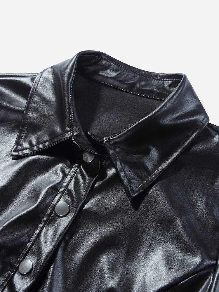 PU-nahkainen verryttelypuku Naisten 2-osainen setti kesän lyhythihainen nappi Crop Topit + Pyöräilyshortsit Streetwear Muotiasut_voghion.com