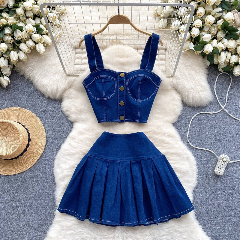 Damenbekleidung Retro Hot Girl Style Anzug Kurzes Camisole Vielseitiger Minirock Denim Zweiteiliger Anzug_voghion.com