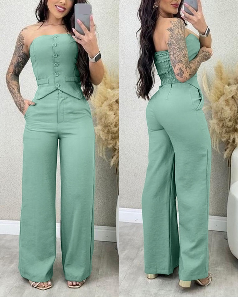 Women's Clothing Standing Tube Top Button Vest Opening Closing Placket Wide Leg Trousers Suit_voghion.com