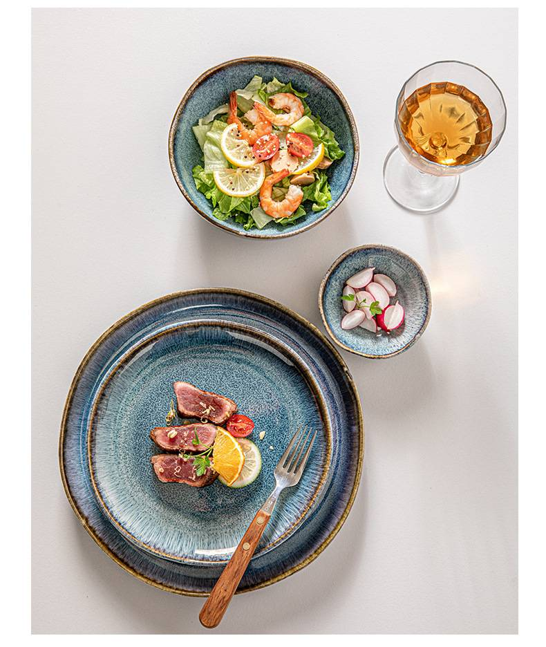 Cerulean Glaze Dinnerware Set - Handmade Kiln-Fired Blue Ceramic Plates & Bowls_voghion.com
