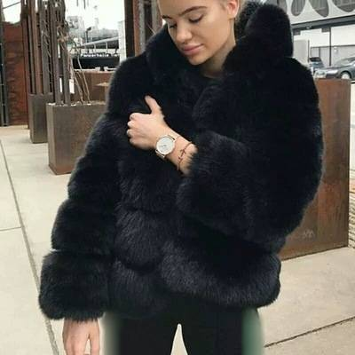 Pluszowy płaszcz ze sztucznego futra z kapturem dla kobiet - miękka zimowa odzież wierzchnia dla kobiet, elegancka kurtka z długim rękawem w 7 kolorach_voghion.com