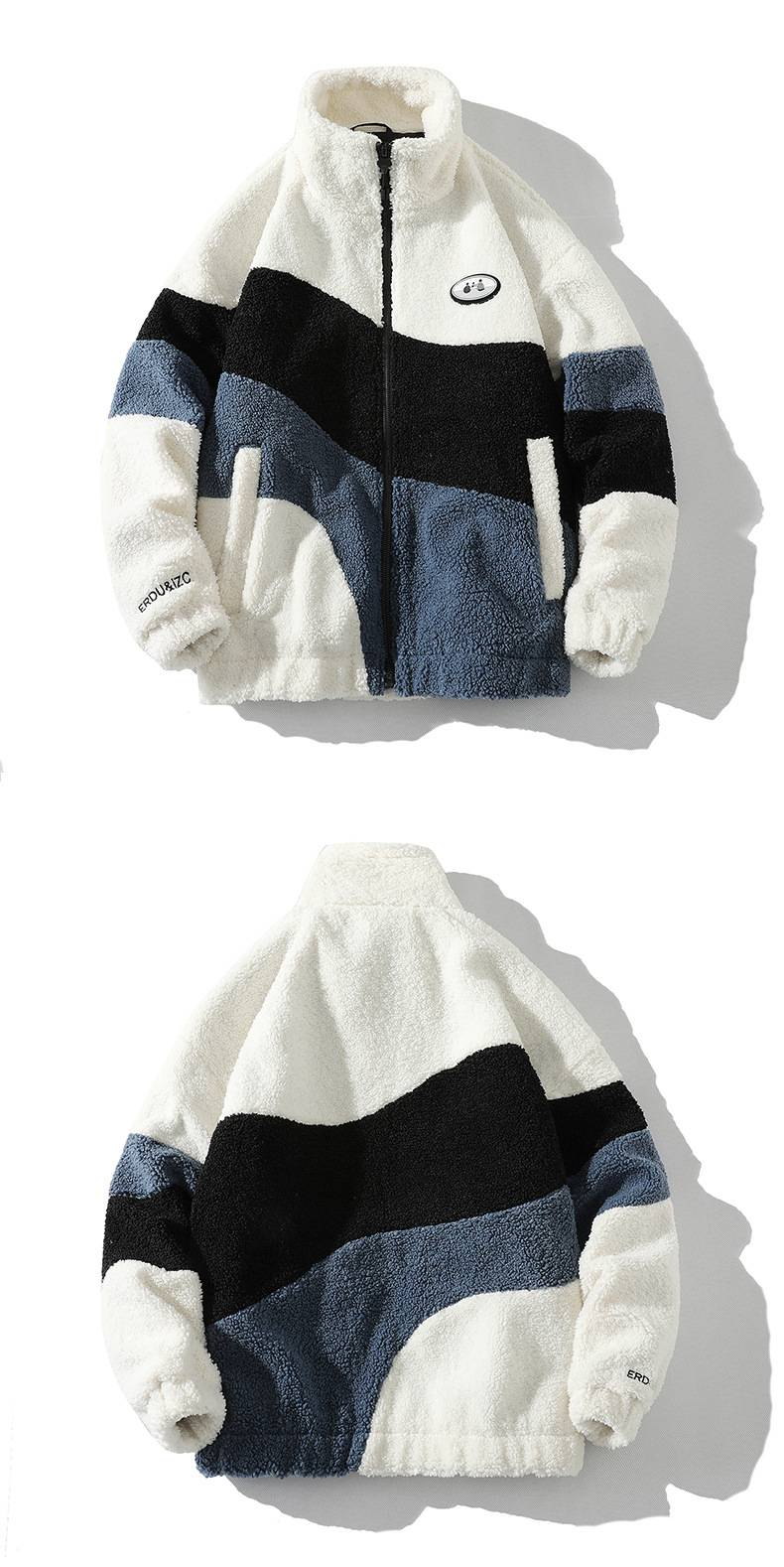 Ropa para hombre Chaqueta de piel de oveja para hombre - Abrigo de invierno con cuello alto (diseño de bloques de color, estilo unisex)_voghion.com