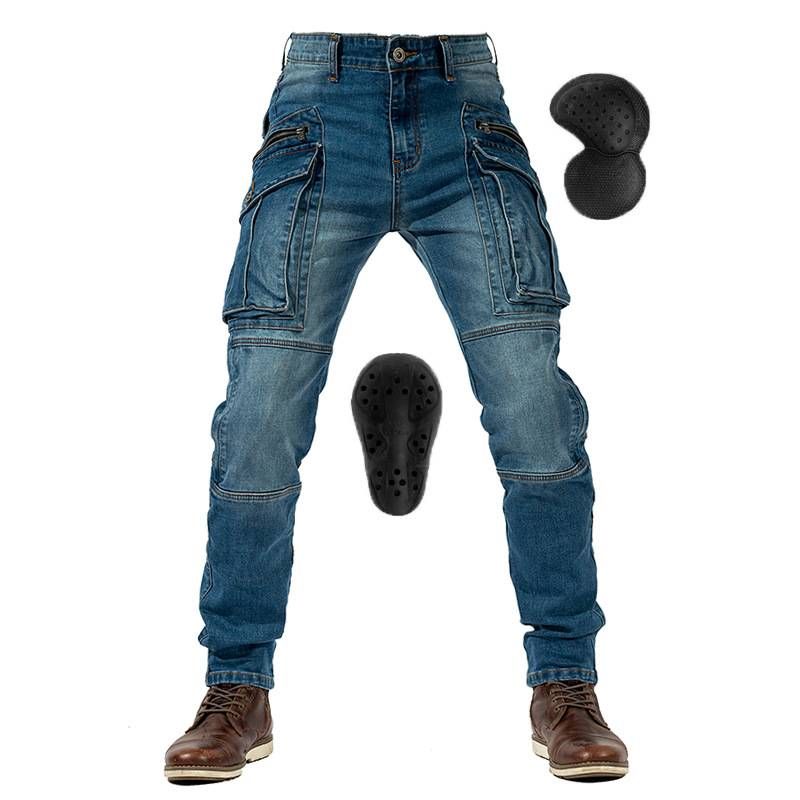 Jeans da motociclista da uomo - Denim elasticizzato con tasche per protezioni sulle ginocchia, altamente resistenti all'abrasione per moto da strada e cruiser (blu/nero, S-XXXL)_voghion.com