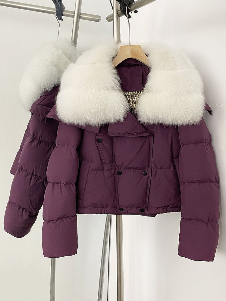 Women's Winter Fox Fur Trim Short Down Jacket With Luxury Faux Fur Collar, Thickened Casual Parka Coat For Fashion & Warmth_voghion.com