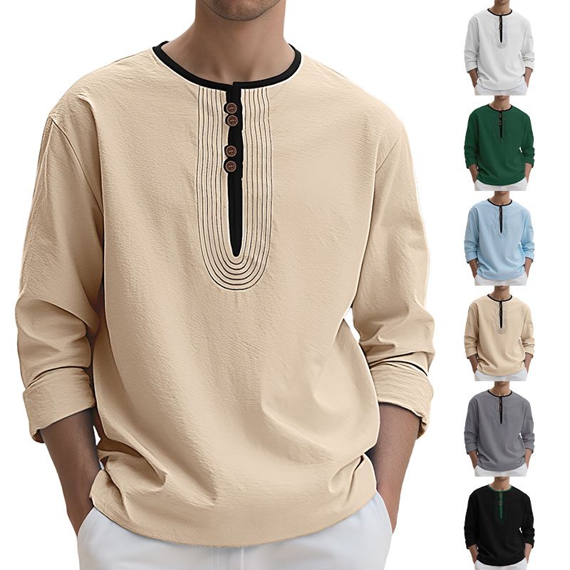 Maglietta sportiva casual ampia a maniche lunghe in lino tinta unita da uomo Henry Collar_voghion.com