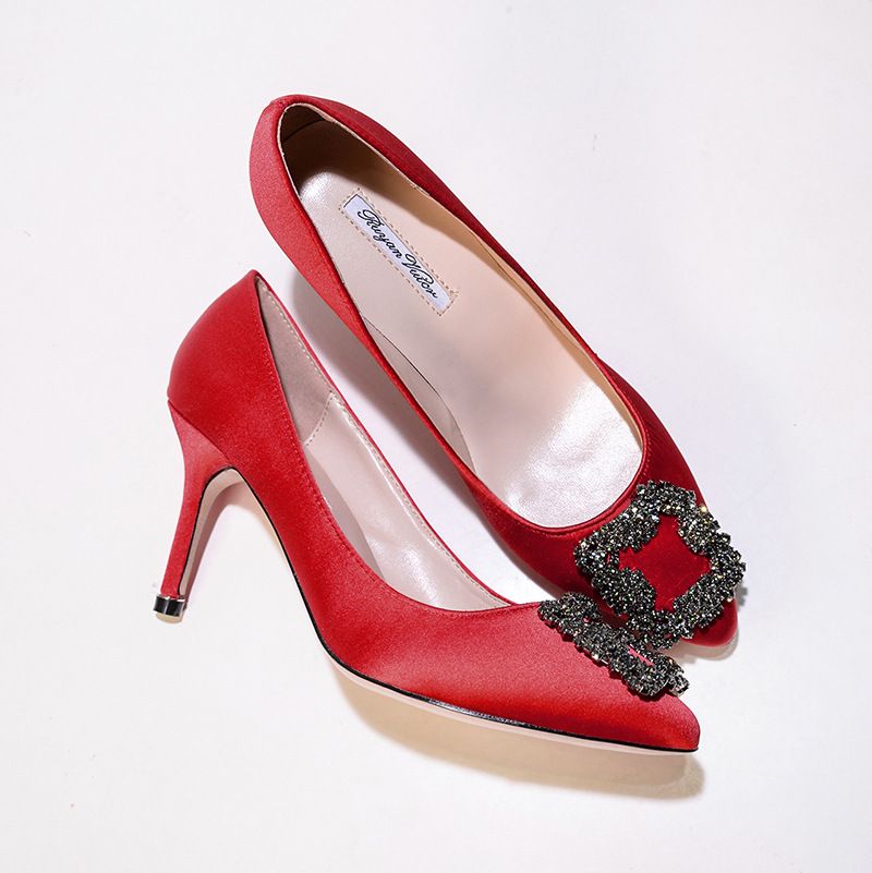 En stock Une pièce Dropshipping MB Por Escarpins à talons hauts et fins pour femmes, bout carré pointu, boucle unique en forme de flocon de neige et strass_voghion.com